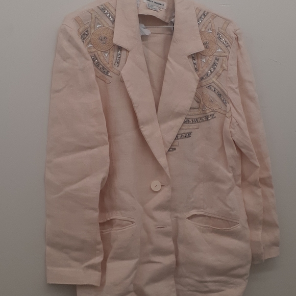 TRUE VTG 80's PINK Linen Blazer jeweled Jacket Nancy Laurence blazer size 9 / 10 - Picture 5 of 11